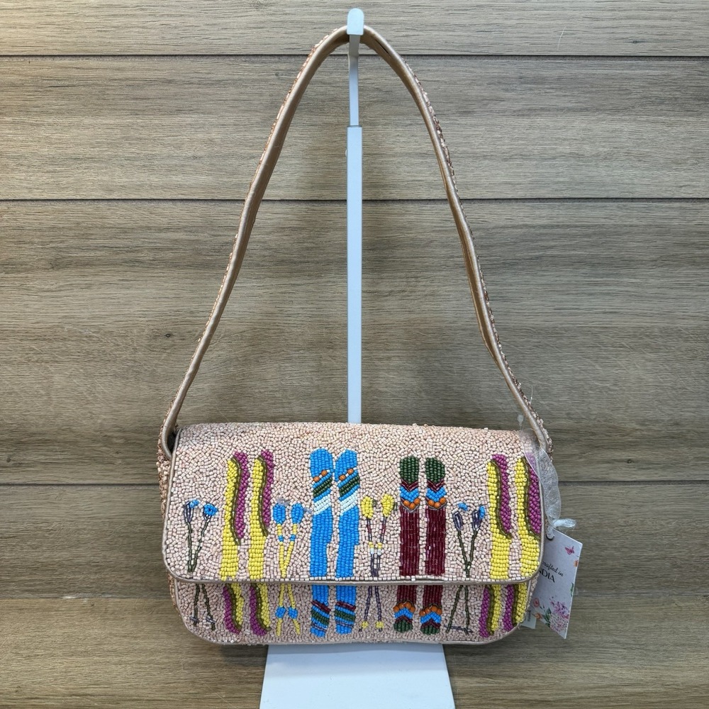 NWT Handcrafted India Beaded Ski Shoulder Bag Pink Après-Ski Viral Baguette READ